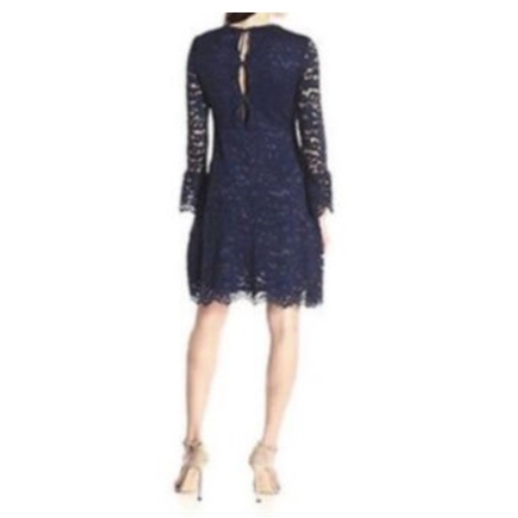 Betsey Johnson dark blue open back Long Bell Sleeve Lace overlay Dress size 2 - Picture 2 of 11
